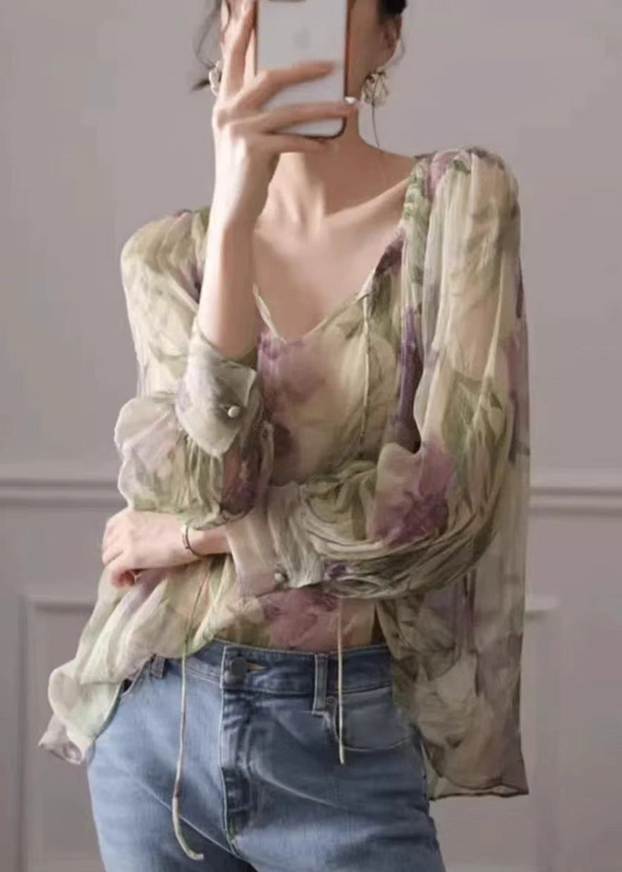Französische Chiffonbluse mit langem Ärmel und grünem Aufdruck EE009