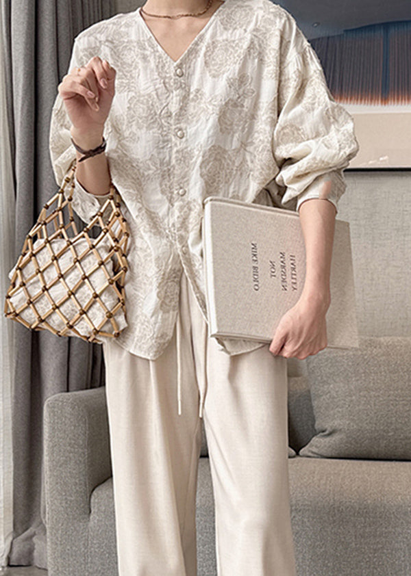 Hals Baumwolle Frühling Aprikose Knopf Jacquard V Casual Shirts