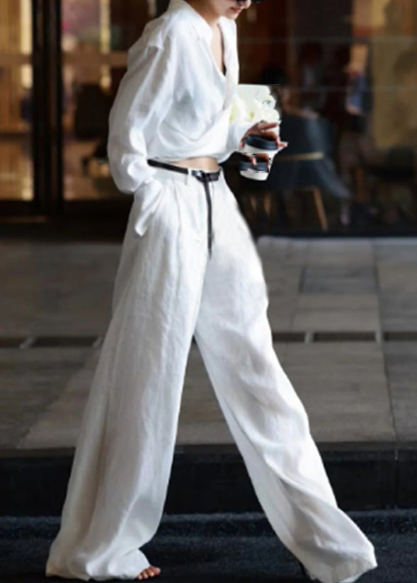 Ensemble chemise et pantalon en lin blanc naturel à col Peter Pan et taille haute à manches longues AN1032
