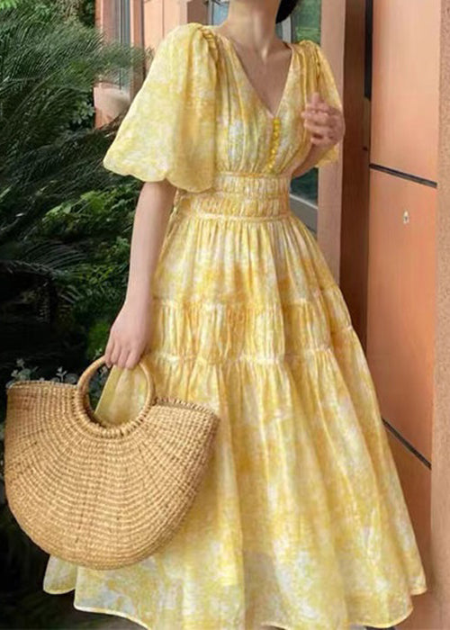 V-langes Sommer-Print-Böhmisches Chiffon-Kleid mit gelbem Hals