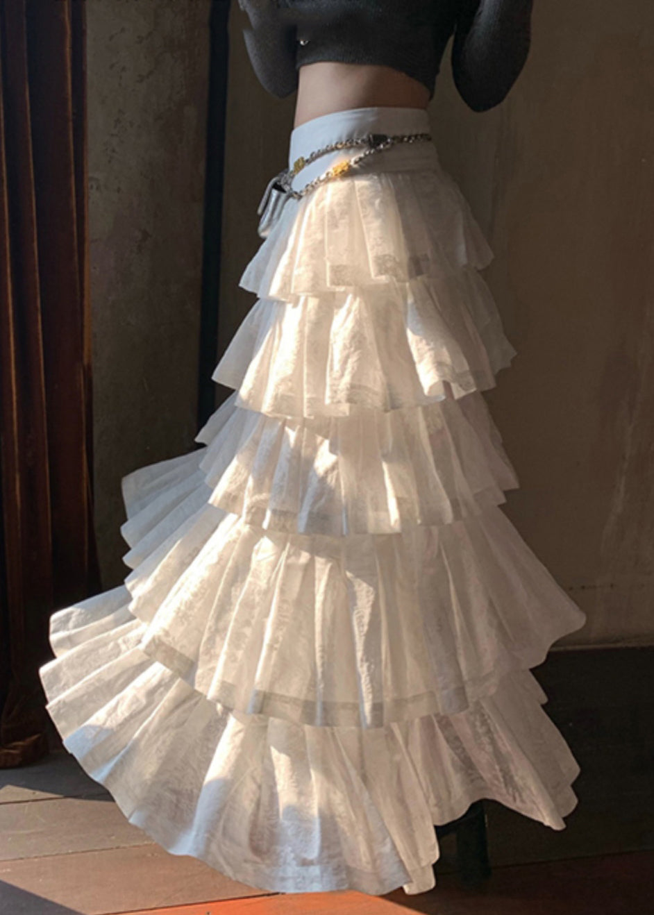 Jupe bohème blanche froissée taille haute en coton été AZ1043
