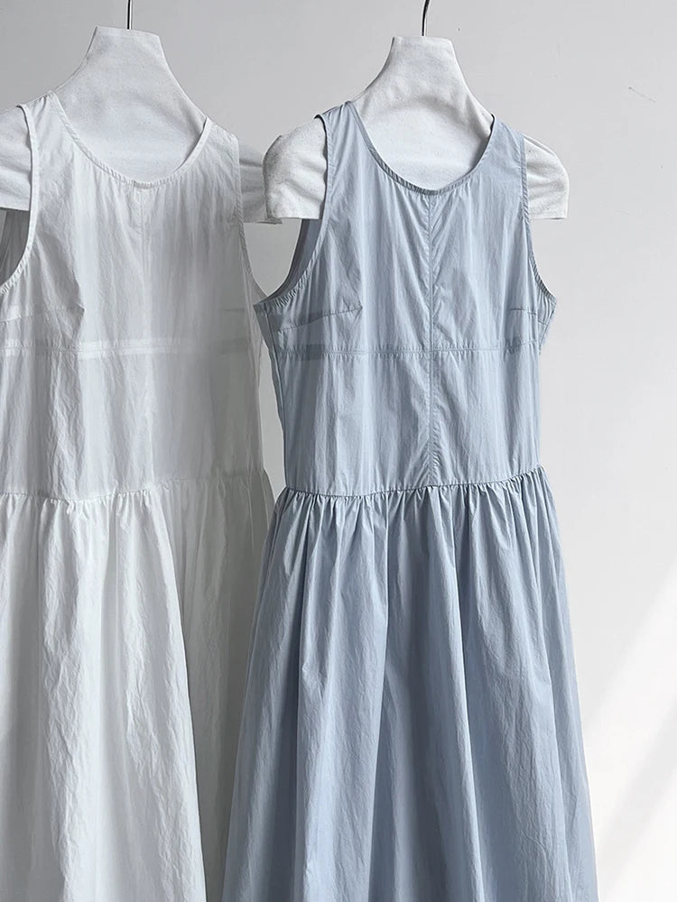 Patchwork-Kleid mit O-Ausschnitt, schlicht, ärmellos, blau, Puffsaum