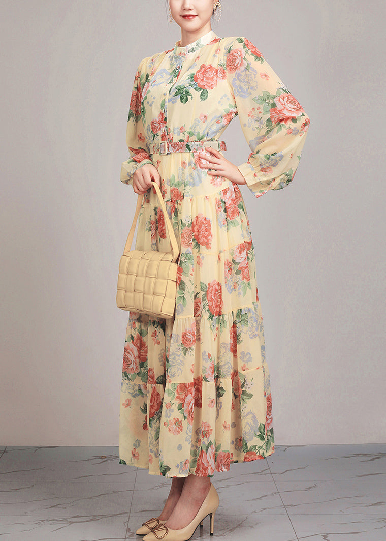 Gelbe Knopfschärpen Baumwolle Langes Kleid Stehkragen Herbst AR1030