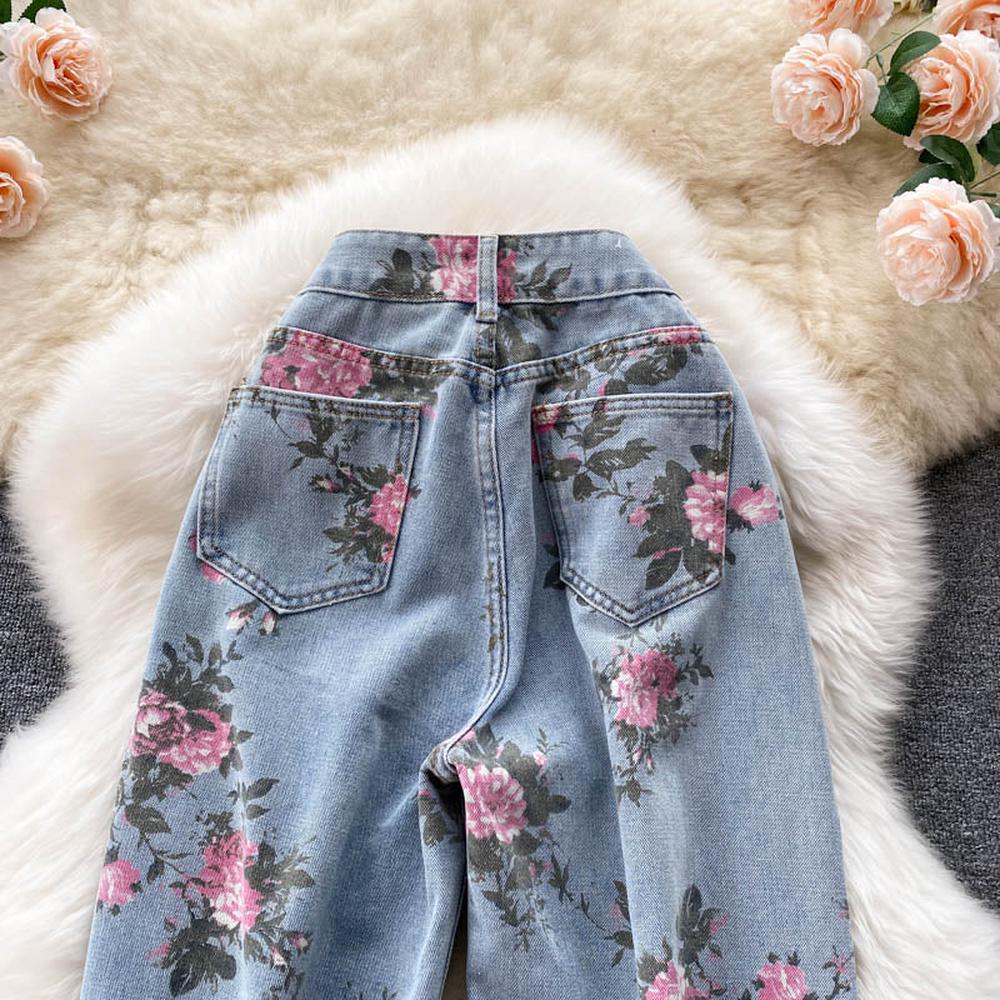 Damen Jeanshose mit weitem Bein und Rosen-Print, Blau AR1016