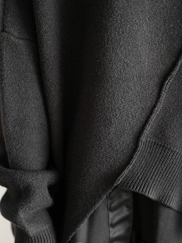 Originaler, lockerer, schwarzer Strickpullover mit Rundhalsausschnitt, Fledermausärmeln und unregelmäßigem Saum AN1037