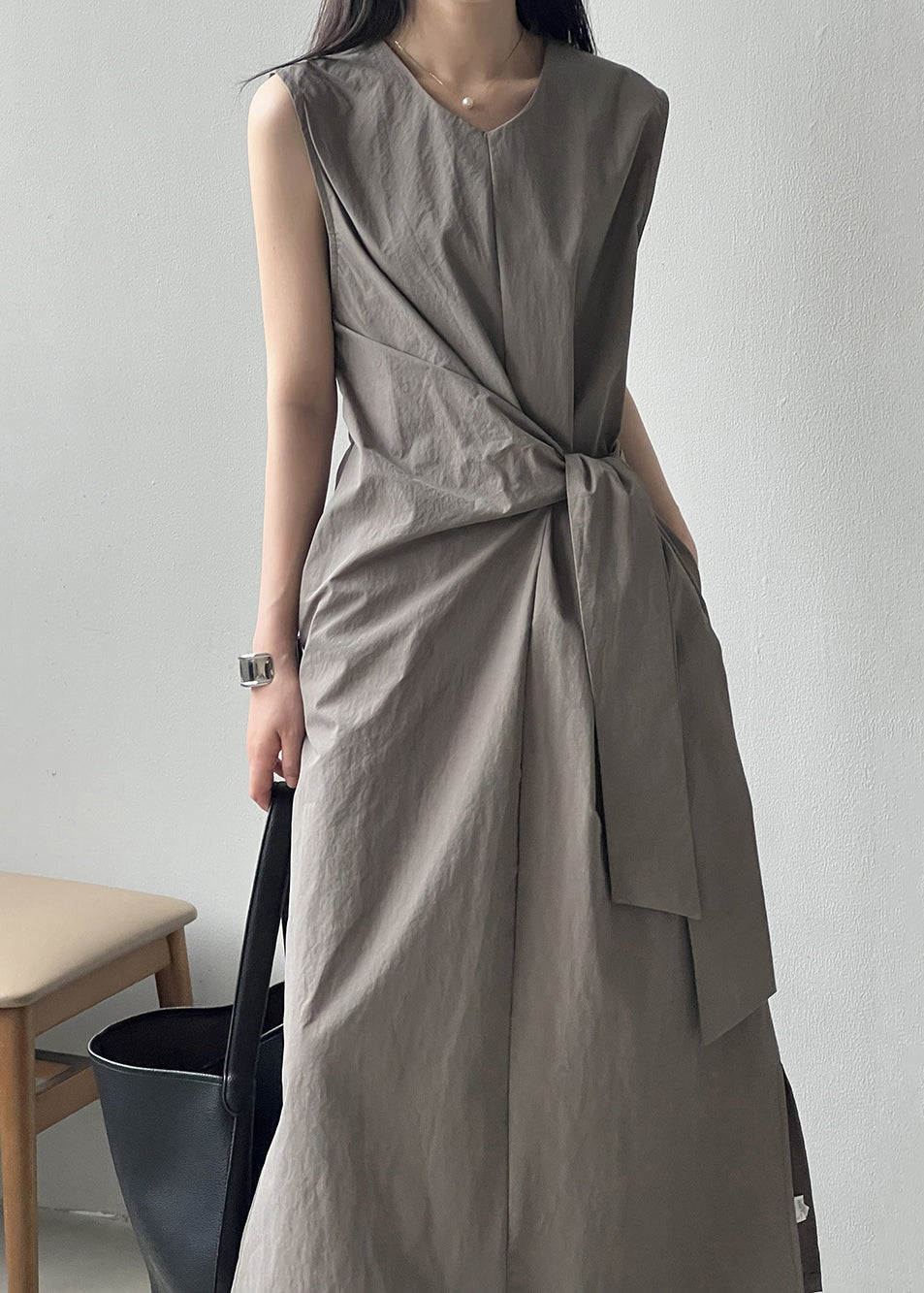 Taschen Grau V Baumwolle Lange Ärmelloses Design Kleid Hals Original