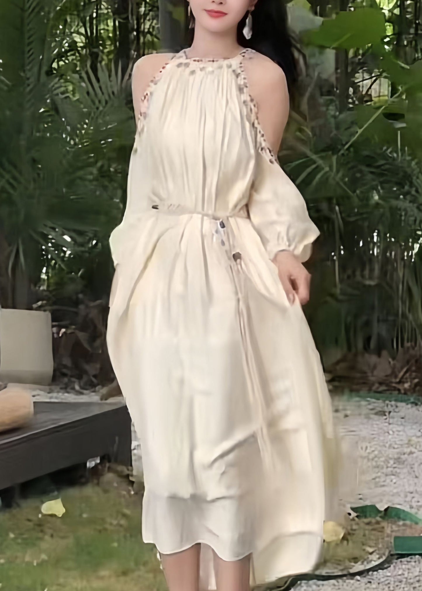 Robe longue style lanterne bohème en soie, manches longues, épaules dénudées, paillettes, abricot
