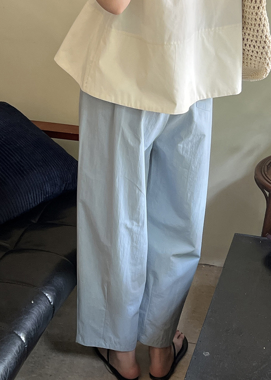 Blaue Sommerhose aus Baumwolle mit elastischer, kurzer Taille