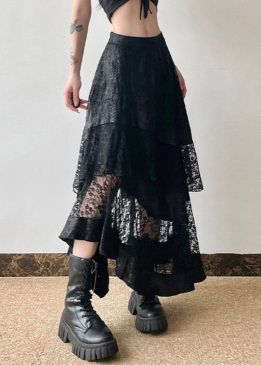 Jupe patchwork asymétrique en dentelle noire française Été QP029