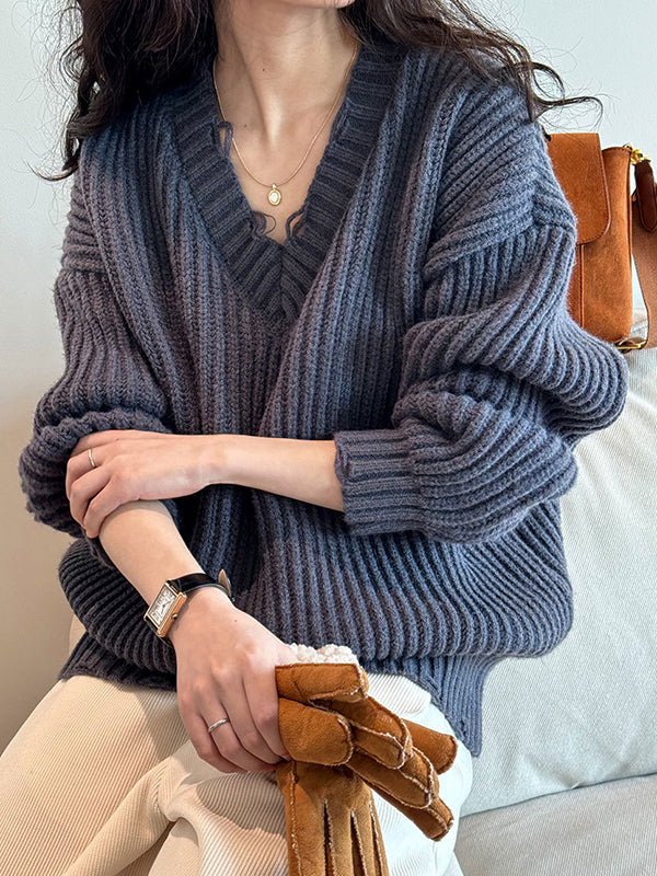 Pull en tricot à manches longues et col en V Urban Fuchsia AN1046