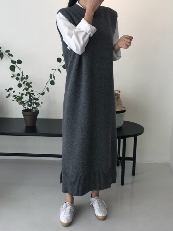 Urban Schwarzes ärmelloses Strickkleid mit Rundhalsausschnitt QX017