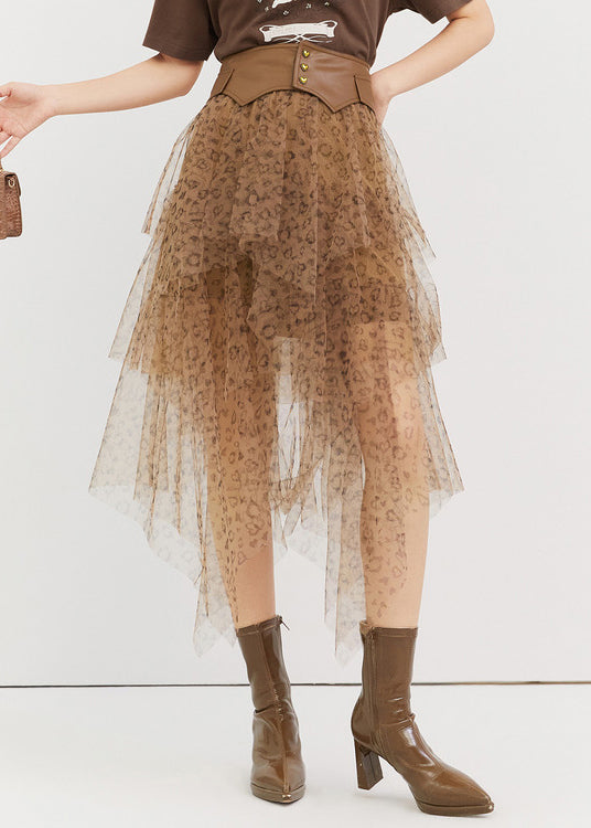 Jupe en tulle taille haute asymétrique à imprimé léopard chic pour l'été QP059