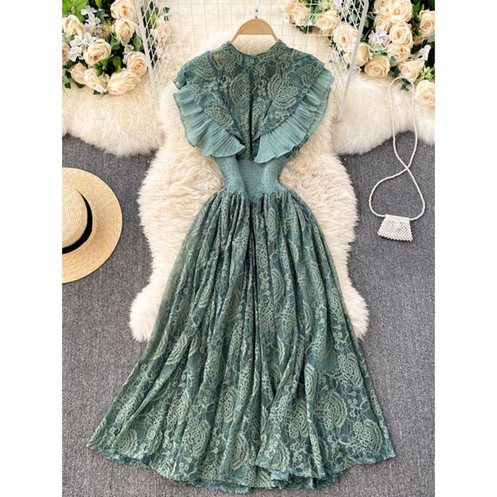 Robe à volants en dentelle olive avec ourlet plissé et manches volantées AR1002