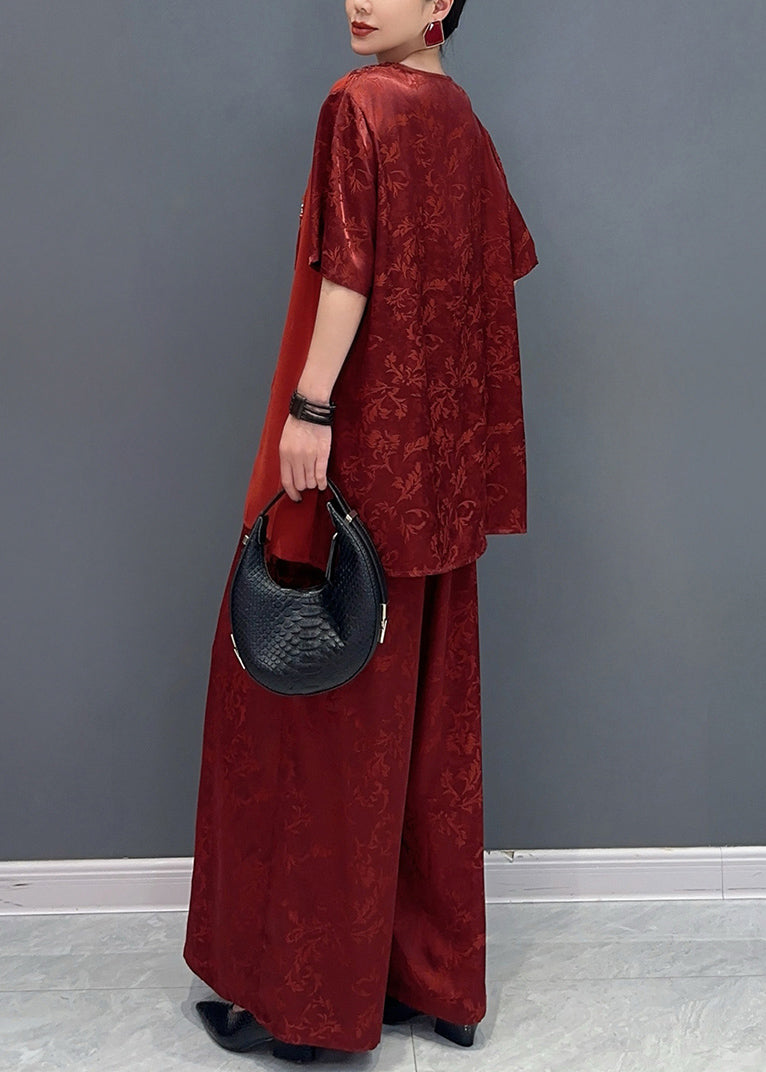 Ensemble deux pièces haut en soie à pampilles asymétriques en patchwork rouge jacquard et pantalon à jambe large à manches courtes AO1063