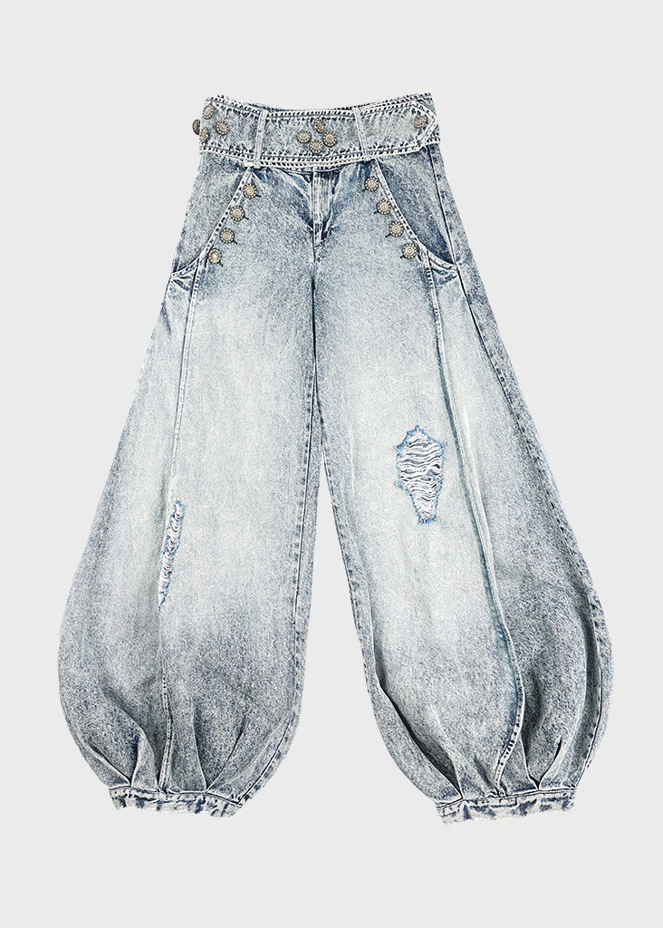 Pantalon de printemps large bleu style denim taille haute déchiré