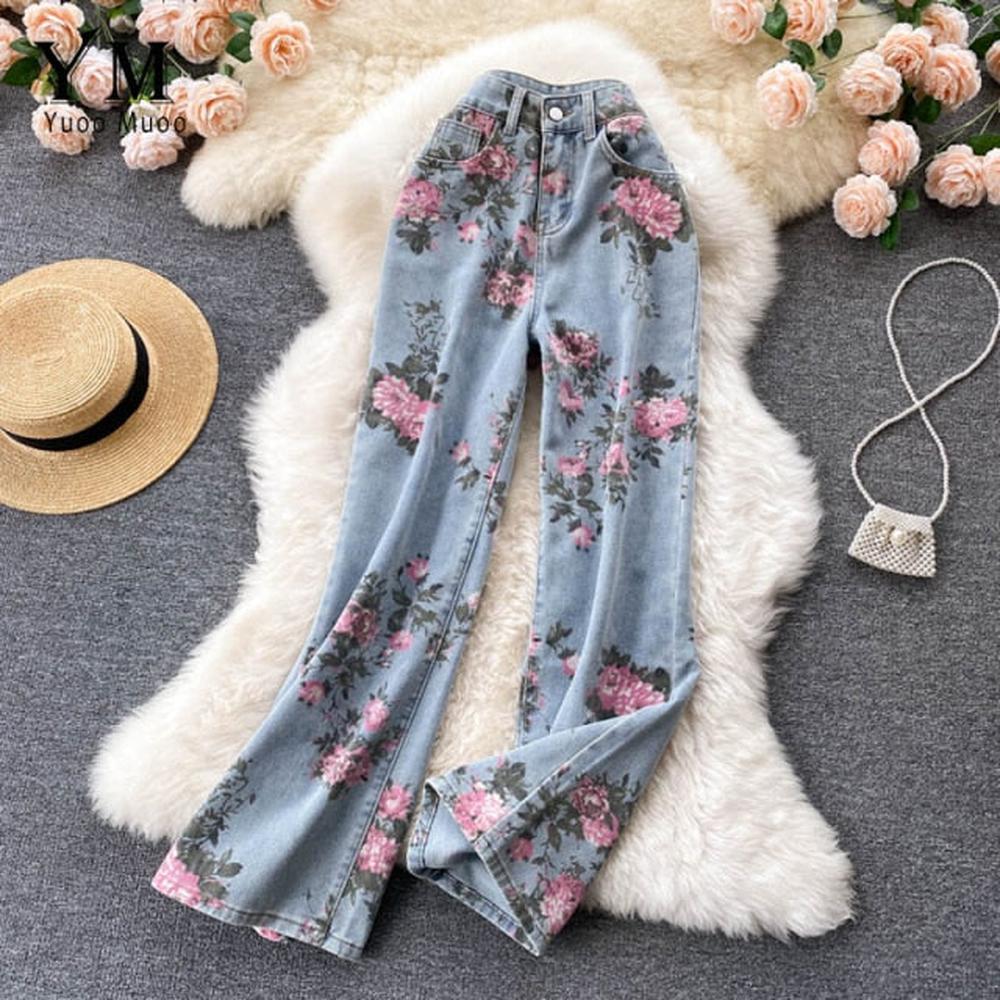Damen Jeanshose mit weitem Bein und Rosen-Print, Blau AR1016