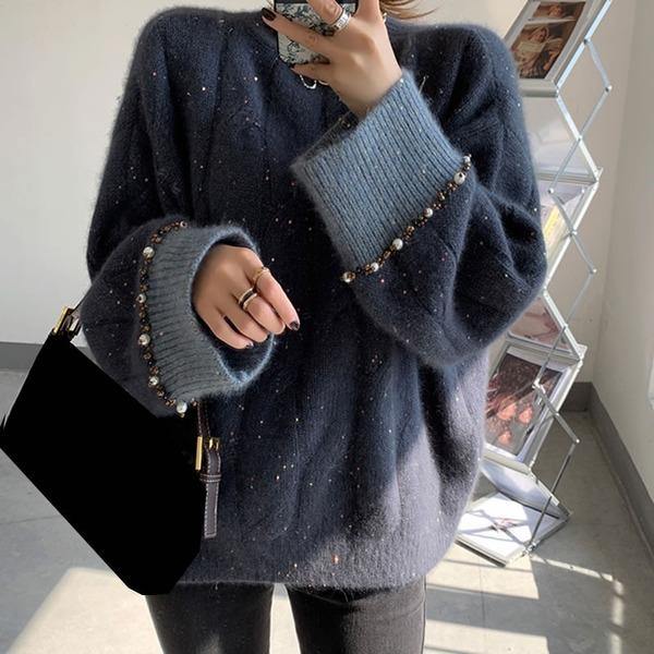 Schicker grauer O-Ausschnitt Pailletten Langarm mit Perlen Strickpullover TW022