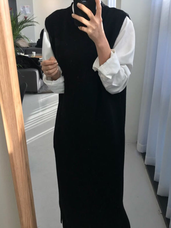 Urban Schwarzes ärmelloses Strickkleid mit Rundhalsausschnitt QX017