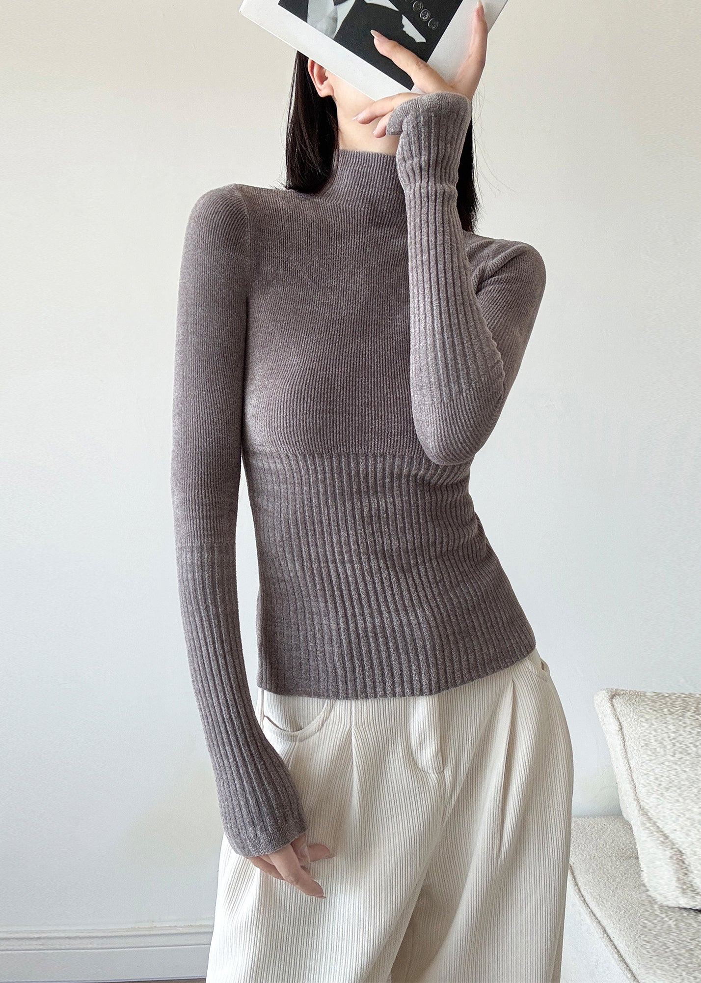 Slim Fit Brauner Patchwork-Strickpullover mit hohem Halsausschnitt, Winter, RV039