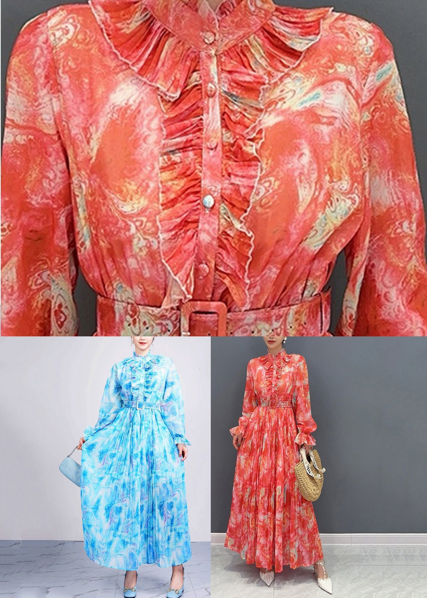 Mode Rot Stehkragen Druck Schärpen Chiffon Langes Kleid Langarm AO1035