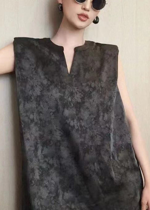Robe mi-longue noire en coton tie dye à col en V sans manches QP003