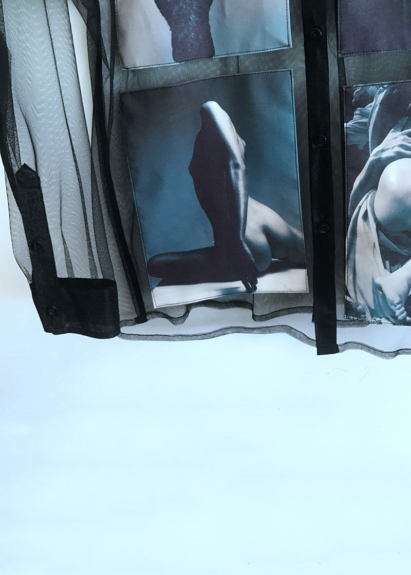 Frauen Schwarz Druck Taste Tüll Bluse Sommer NN005