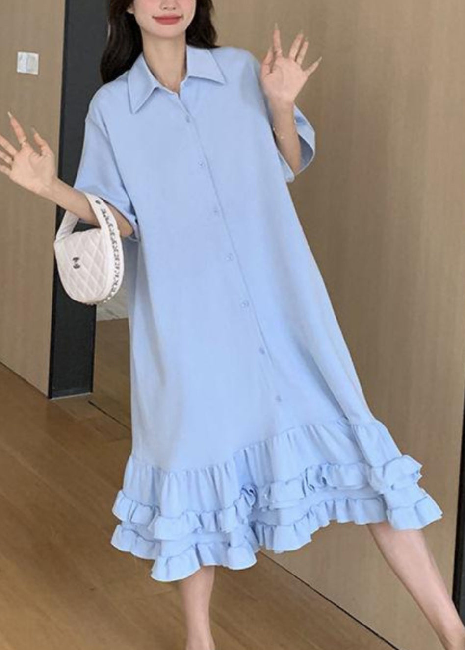 Kragen Kurzes Patchworkkleid Peter Maxi Rüschen Blau Damen Pan