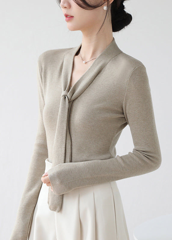 Pull en maille marron fin à col en V et lacets, automne-hiver RV030
