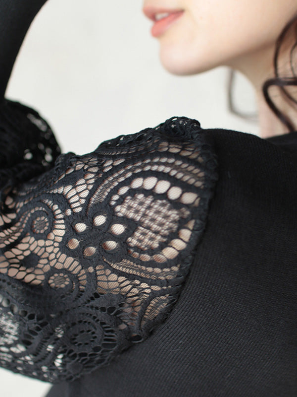 Pull noir à col rond et manches longues bouffantes en dentelle creuse et patchwork QX011