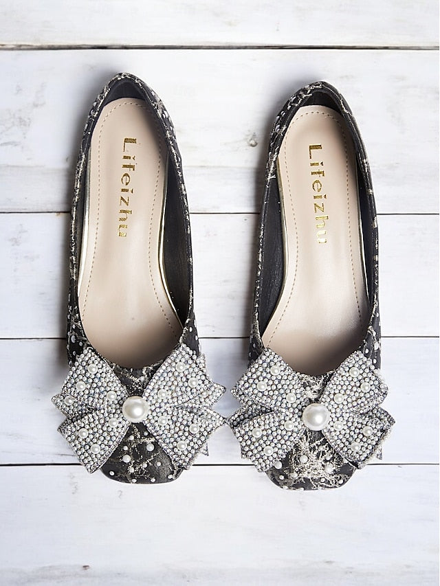 and Detail Gold Pumps with Black Bow Pearl-Embellished –