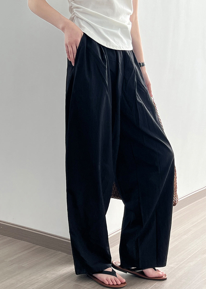 Pantalon large en coton à poches noires, taille élastique, froissé, automne AF1079
