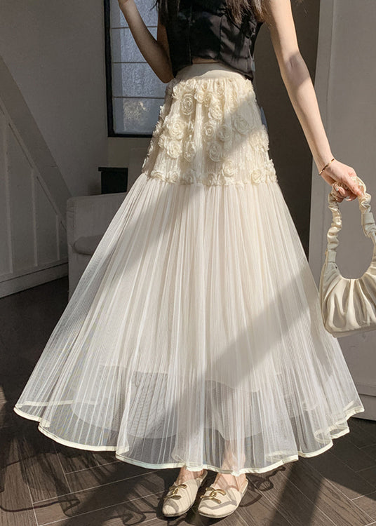 Jupes en tulle à taille élastique et motif floral beige uniques, printemps RV011
