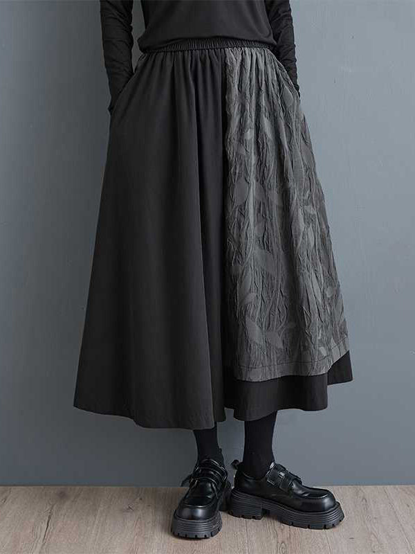 Pantalon large taille haute ample vintage noir avec poches et texture jacquard patchwork, culotte WS002
