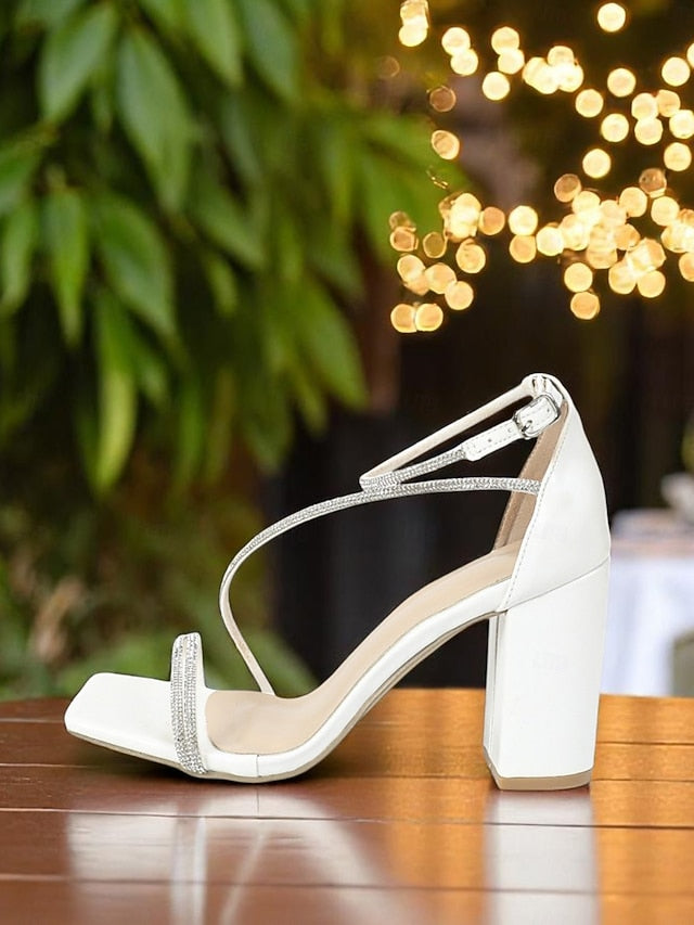 Rhinestone - White Block Sandals Heel Straps with Women's