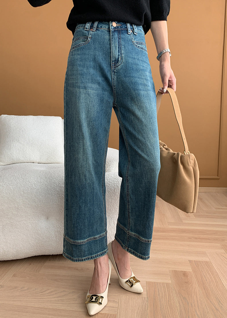 Pantalon court en denim taille haute à poches bleues modernes pour l'automne AF1018
