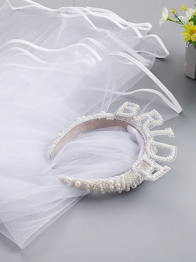 Pearl-Embellished 'BRIDE' Headband Veil – with
