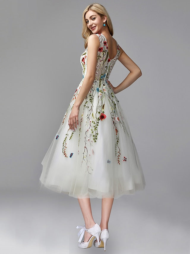 A-Line Tea Length Prom Dresses Elegant Floral Sleeveless Jewel