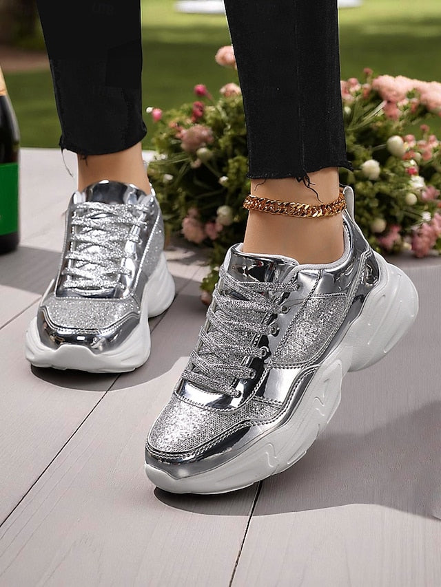 with Glitter Sneakers Platform Metallic Chunky Women's