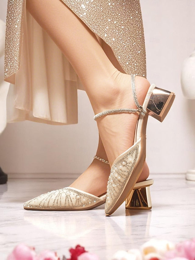 and Pointed Ivory with Toe Pearl Women's Block Heels