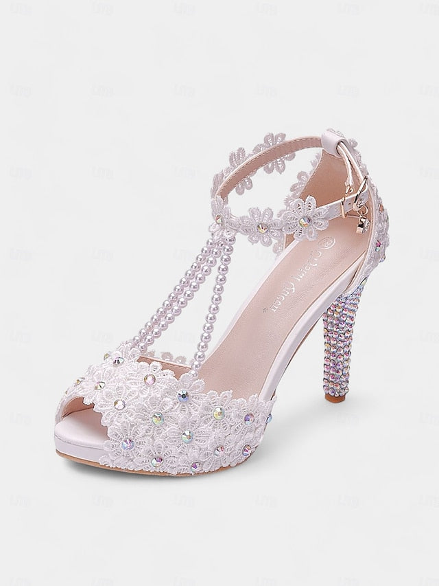 Sandals - Lace Pearl-Decorated Bridal T-Strap White Floral