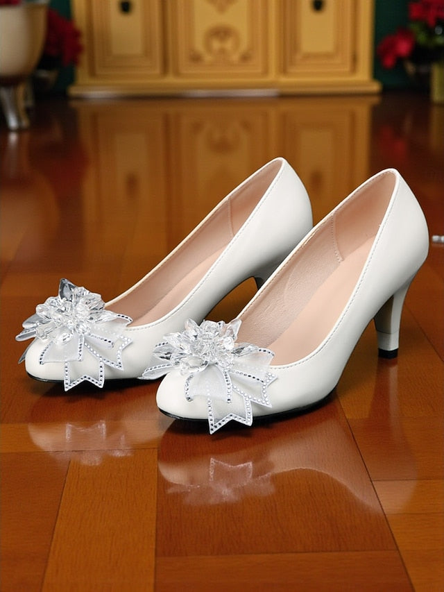 White Shoes Low Women's Wedding with Crystal Bow Heel