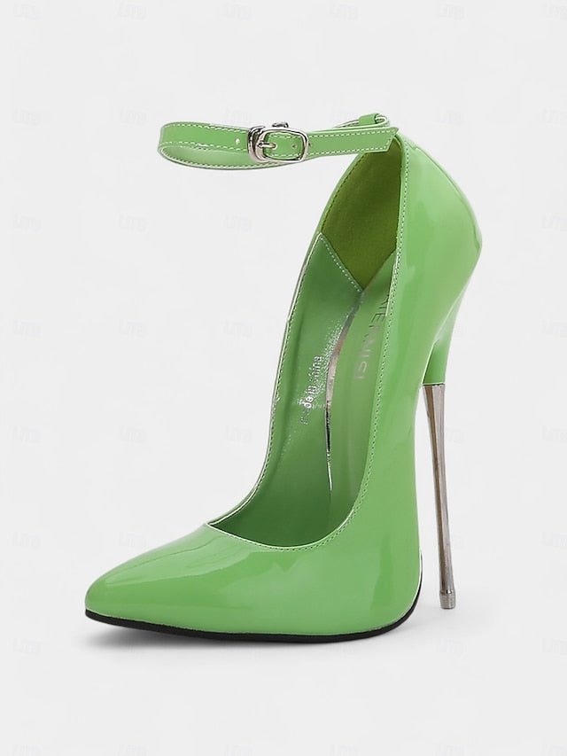 Ankle Stiletto Strap Red Heels Leather Women's with Patent