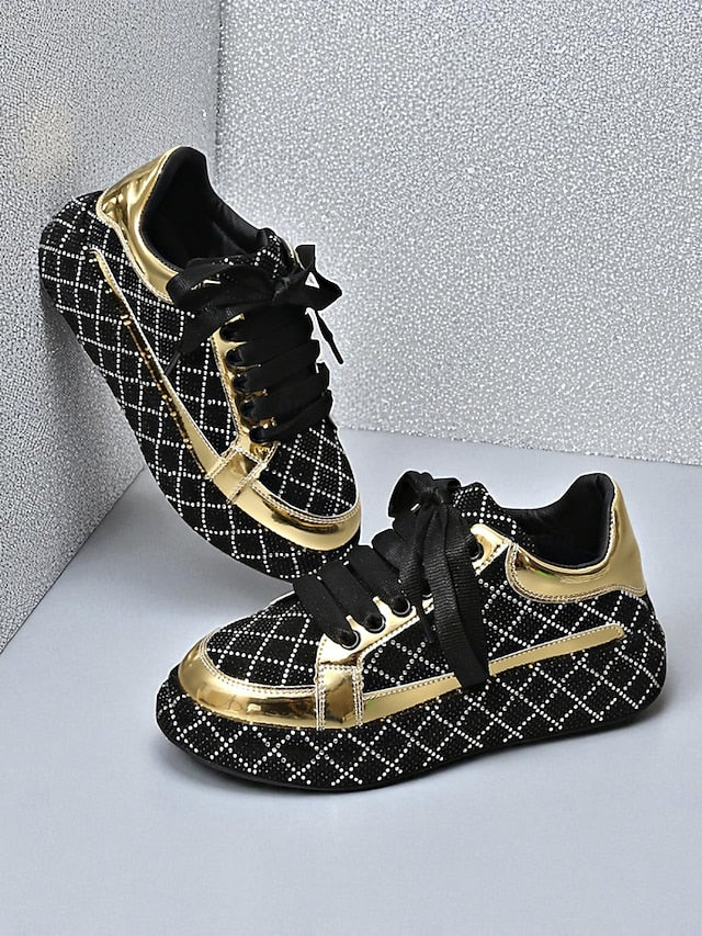 Quilted and Rhinestone Black Sneakers - Women's Silver