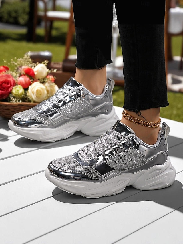 with Glitter Sneakers Platform Metallic Chunky Women's