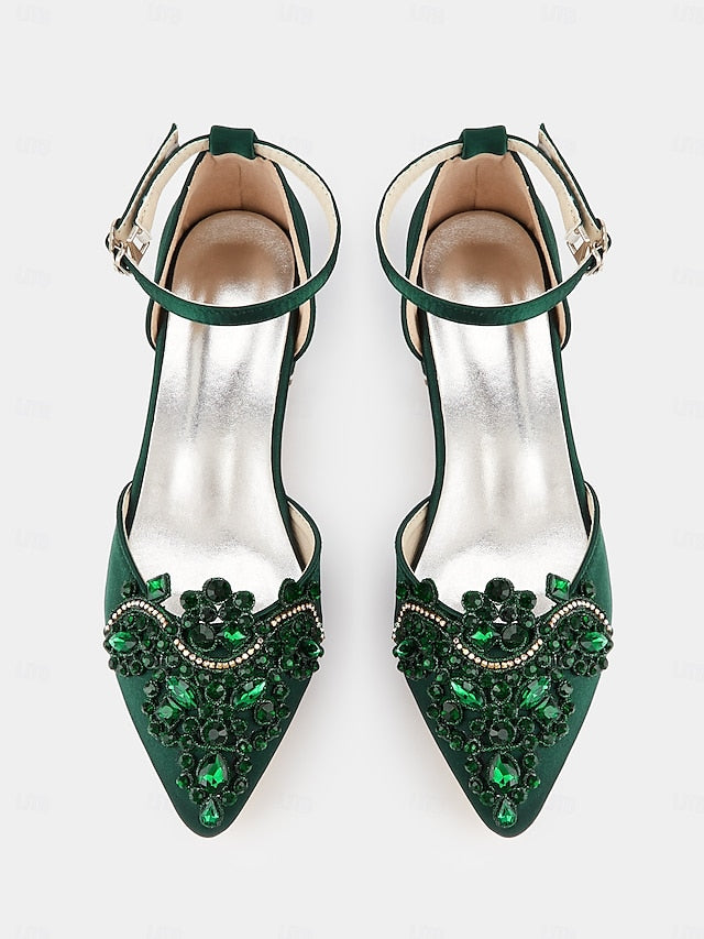 – Gemstone Vintage Pointed-Toe Style Green Embellished Flats