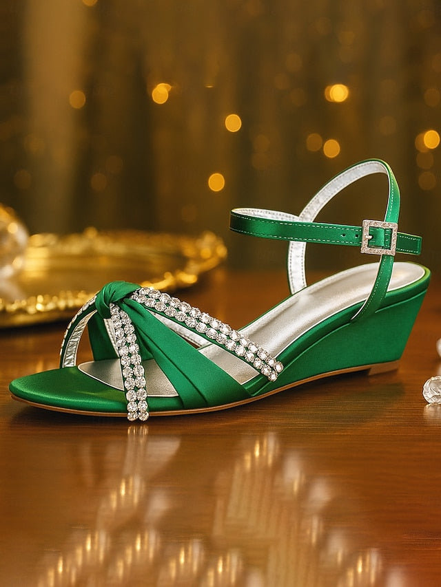 Sandals - Satin Wedge Rhinestone Dress Knot Green Women's