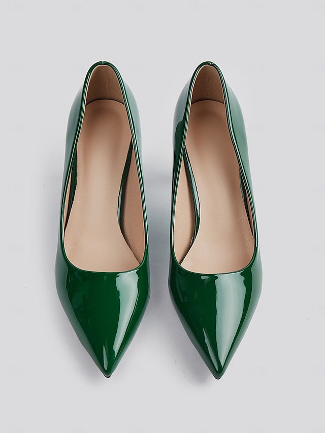 Pumps Patent Faux Pointed-Toe Heel Glossy Leather Green Block