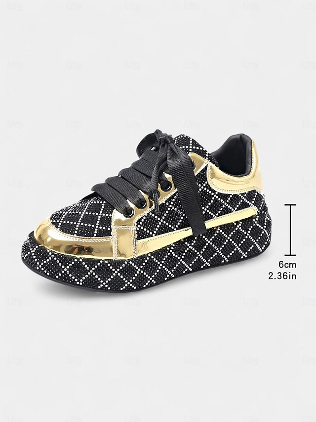 Quilted and Rhinestone Black Sneakers - Women's Silver