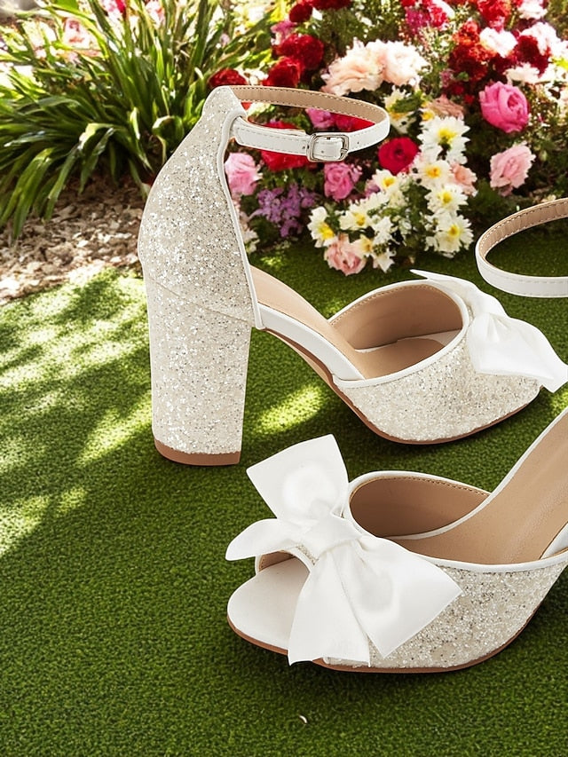 Wedding Women's Heel Ankle Block with White Glitter Sandals