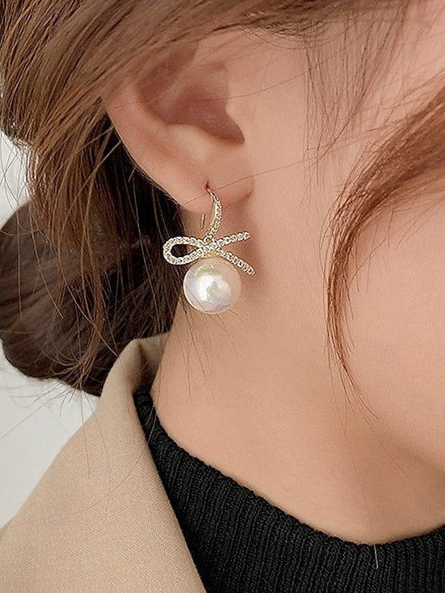 Christmas Rhinestone Pearl Bow Earrings and with Women's